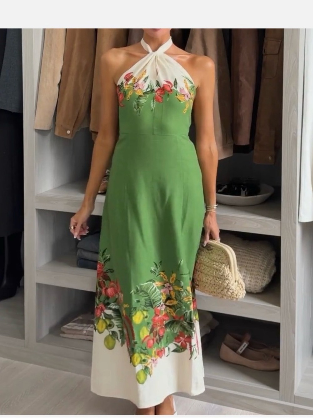 H&M Premium women's Linen-blend Green and Floral Midi Dress - Picture 12 of 15